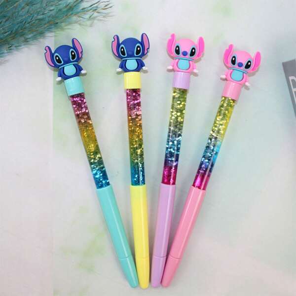 Disney 5Pcs/Set Stitch Magic Colorful Flowing Sand Fairy Pen Internet Celebrity Neutral Pen Foreign Trade Student Writing Stationery School Supplies, Back To School