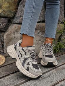 2025 Autumn 2024 Spring/Summer New Soft Leather Thick Sole Chunky Chunky Sneakers, Women Breathable Mesh Running Shoes, Casual Sports Shoes - Grey - View 5