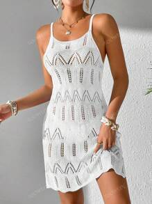 Women's Summer Boho Holiday Beach Vacation Outfits Contrast Color Patchwork Hollow Out Knit Slip Dress