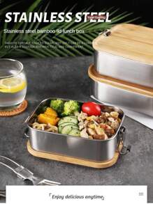 New 304 Stainless Steel Bamboo Lid Bento Lunch Box, Japanese Style Rectangular Outdoor Food Container, Airtight Wood Cover, Camping Cooking, Vintage Retro Picnic Lunch Box