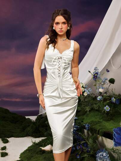 Faeriesty Stylish Wide Strap Ruched Cutout Women's Midi Dress – Modern Mid-Length Gown Featuring Bold Shoulder Straps, Elegant Front Cutout, Perfect For Date Nights, Vacations, Weekend Outings, Garden Parties, And Special Events