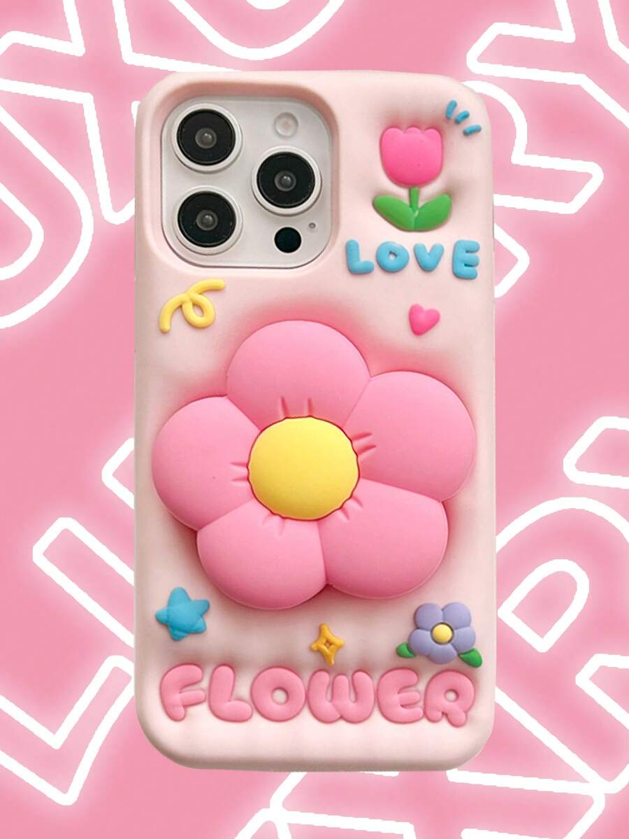 Funda de teléfono con 3D flores linda, estilo coreano Y2K compatible con 16 Pro Max, 15, 14, 13 Pro Max, cubierta de protección a prueba de golpes, color rosa kawaii de verano - Rosa - Ver 1
