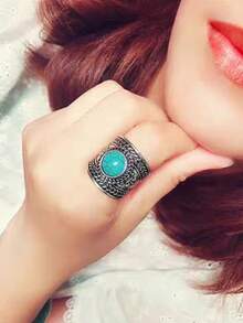 1pc Western Style Geometric Turquoise Ring, Suitable For Women's Daily Wear In Summer - Silver - View 2