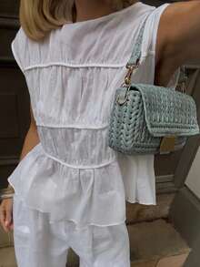 Women's Elegant Pleated Top And Pants Set, Round Neck Solid Color Wide Leg Pants Suit