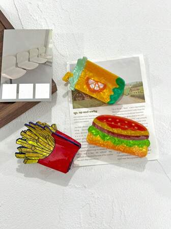 1 pieza Pinza para el cabello con forma de patatas fritas, hamburguesa y jugo de naranja, nuevo diseño, adecuado para decorar el moño, regalo para vacaciones, pasadores de verano, pinzas para el cabello, accesorios para el cabello de mujer para outfits de vacaciones