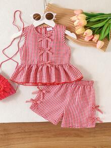 2 件套年轻女孩甜美格子蝴蝶结荷叶边无袖上衣和短裤套装，夏季 - 紅色 - 查看 1