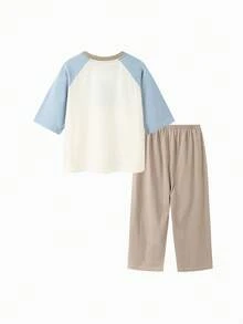 mini bala 男童纯棉甜甜圈印花撞色插肩袖上衣和七分裤睡衣套装（2件套） - 灰藍 - 查看 4