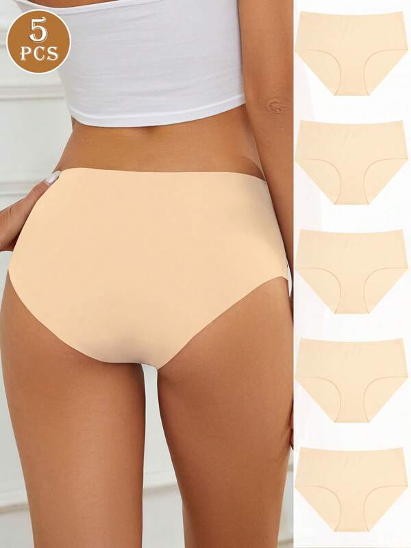 5 Pcs Women's Seamless Ice Silk Triangle Panties, Solid Color Soft Skin-Friendly Bikini, Comfortable Stretchy Briefs, Intimates Underwear & Lingerie Daily Wear