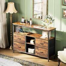 Mueble de TV 108*30*76 cm con 4 cajones de tela, mueble de almacenaje con 4 estantes abiertos, cómoda, mueble de salón/dormitorio, marrón