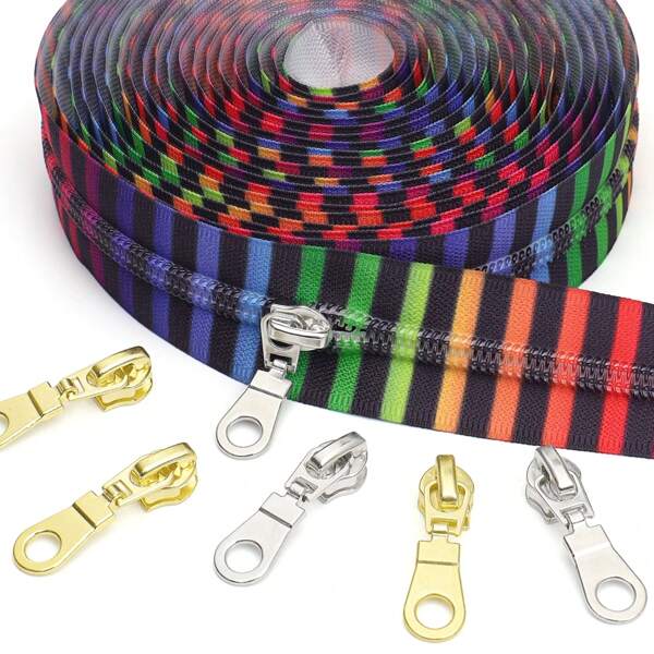 1 Set (450 Cm / 177.16 Inches Zipper + 10pcs Zipper Pulls), 5# Striped Nylon Zippers With Light Gold Or Silver Zipper Pulls, Rainbow Ombre Zebra Pattern, Suitable For Clothing, Jackets, Performance Costumes, Luggage Bags DIY Sewing