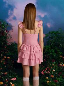 女士新款纯色时尚性感无袖短款迷你连衣裙、派对礼服、婚礼宾客礼服、性感纯情风格细肩带荷叶边蛋糕迷你连衣裙，适合鸡尾酒会 - 粉色 - 查看 2