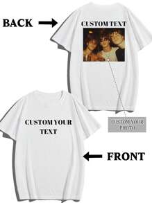 Customized Photo Printed Men's T-Shirt, Spring/Summer, Personalized Design, Upload Your Photo/Group Photo/Lover/Family/Pet/Best Friend/Landscape, Input Your Text/Name/Message/Fun Text/Blessing, Men's Round Neck Short Sleeve T-Shirt, Black Top, Holiday Gift, Valentine's Day/Birthday/Anniversary Photo Customization, Gift For Him, Short Sleeve Spring/Summer