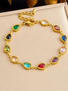 1pc Geometric Pattern Colorful Gemstone Teardrop, Oval, Square Decor Chain Stainless Steel Bracelet For Women - Geometry - View 16