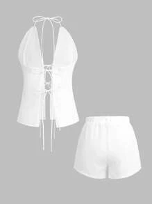 Unadoll 女士性感休闲V领露背系带上衣和弹力短裤两件套，适合居家、海滩、约会、音乐节、情人节等场合。 - 白色 - 查看 4