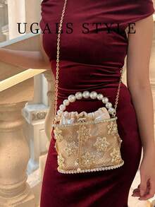 Luxury 2025 Women'S Bridal Wedding Purse Party Prom Rhinestone Pearl Woven Crossbody Bag Fashion Evening Bags - Champagne - View 5