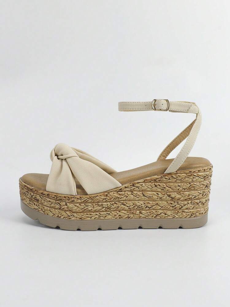 Fashion Women Beaded Ankle Strap Wedge Heel Sandals - Beige - View 6