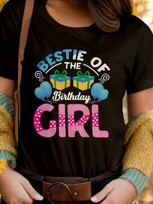 ¡Celebre cumpleaños con estilo con nuestra mejor amiga de la cumpleañera, camiseta gráfica de manga corta y cuello redondo de algodón negro de 180 g para mujer con estampado de globos festivos y cajas de regalo! ¡Perfecto para fiestas de cumpleaños, regalos y el mejor amigo de tu vida! Camiseta casual de alta calidad para mujer - Negro - Ver 1