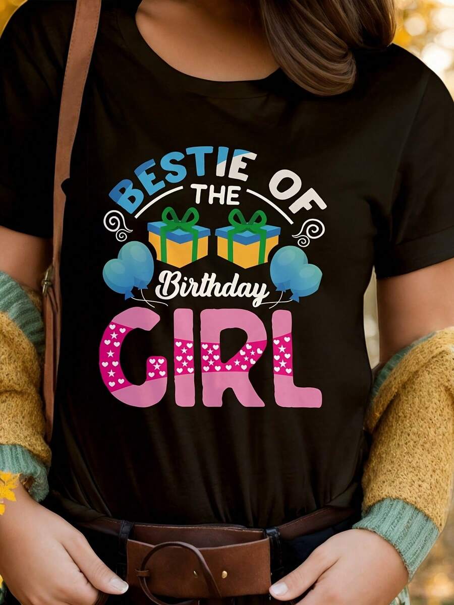 ¡Celebre cumpleaños con estilo con nuestra mejor amiga de la cumpleañera, camiseta gráfica de manga corta y cuello redondo de algodón negro de 180 g para mujer con estampado de globos festivos y cajas de regalo! ¡Perfecto para fiestas de cumpleaños, regalos y el mejor amigo de tu vida! Camiseta casual de alta calidad para mujer - Negro - Ver 1