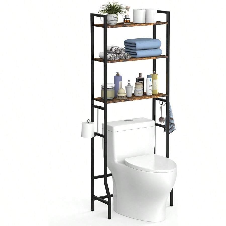 Over The Toilet Storage 3Tier Bathroom Organizer Rack With Hooks Multifunctional Bathroom Shees For Restroom Laundry And Small Spaces Rustic Brown - Brown - View 1