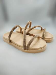 Women's Flat Sandal  Rhinestone Straps Shiny Two In One Comfortable Adjuster - Nude - View 2