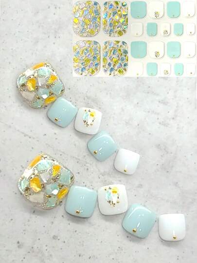 3D仿真水晶绿色花朵美甲贴纸，适合旅行、夏季穿搭、脚趾甲彩绘、派对装饰，22片/套