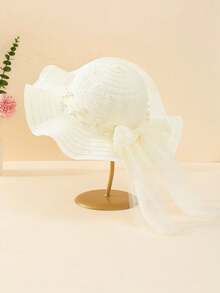 1pc Girls' Tulle Faux Pearl Bow Decor Cute Casual Khaki Wavy Straw Hat/Sun Hat, Suitable For Outdoor, Daily Wear, Beach Holiday, Children's Gift, Party, Wedding, Eid Al-Adha Gift