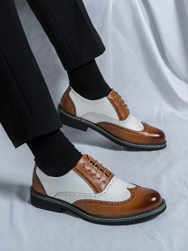 Men's Formal Dress Shoes, Vintage-Style Patchwork Oxfords, Casual Formal Wear Shoes, Suitable For Weddings And Photography Shoots