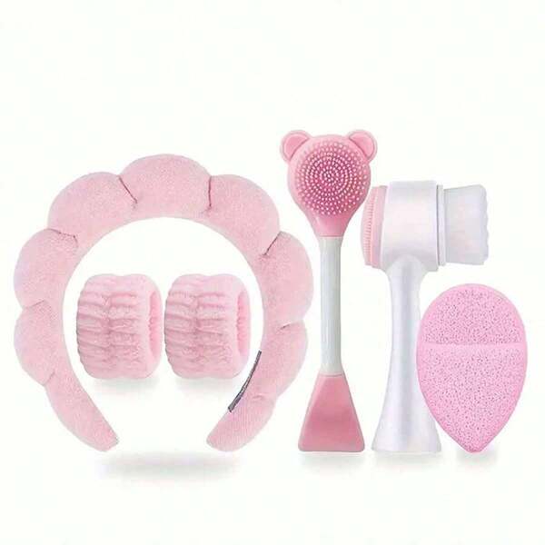 Set de 6 piezas de herramientas de limpieza facial de color rosa, incluye diadema, muñequera impermeable, cepillos de limpieza facial, desmaquillante