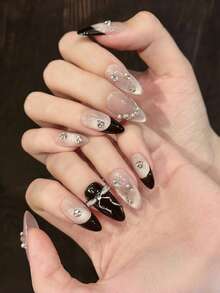 10 件杏仁形假指甲，黑色蝴蝶结彩虹紫猫眼水钻，法式美甲简约风格，手工美甲套装，适合日常佩戴和约会，可重复使用按压式指甲美甲用品 - 彩色 - 查看 16