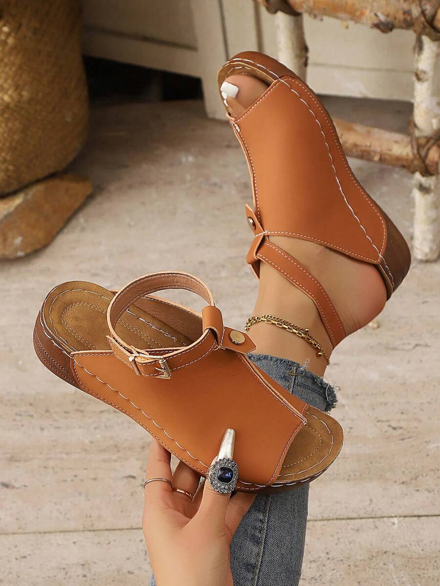 Women's Buckle Decor Platform Wedge Sandals, Fashion & Comfortable, Suitable For Beach, Outdoor Anti-Slip Classic Wedge Sandals,Spring Summer Outfits - Brown - View 1