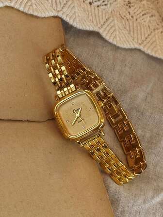 1 New Gold Square Dial Ladies Watch, Elegant And Simple Casual Style, Inlaid With Rhinestone Scale Dial, Zirconium Oxide Decorated Quartz Watch, Suitable For Daily Life And Going Out For Parties
