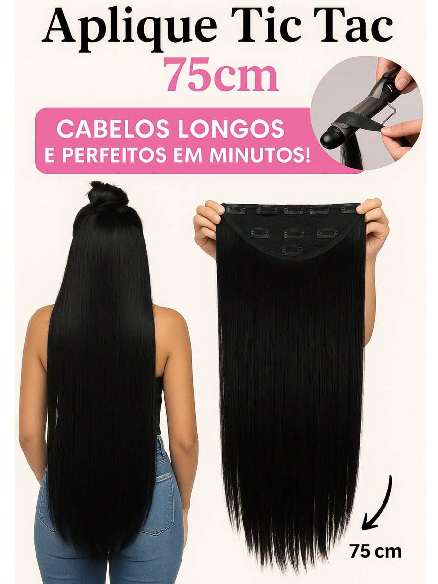 Extensão de Cabelo em Fibra Orgânica Wig Liso Com Aplique Tic Tac Para Volume - Preto - Visão 1