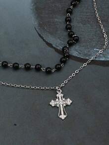 2 件套哥特式黑色仿珍珠水钻十字架项链套装（女士） - 銀色 - 查看 3