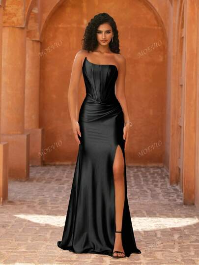 MOEVIO Vestido feminino formal, sexy, sem alças, de cetim, franzido, plissado, costas nuas, coxa dividida, justo, para noite, baile de formatura, dama de honra, para primavera, verão, encontros, dia dos namorados, festa, para convidada de casamento