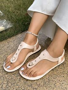 Women's Flat Slide Sandals, Solid Color Slip-On, Fashionable Versatile Boho Punk Style Rivet Decor - Beige - View 7