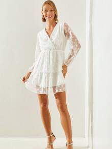 BIANCO LUCCI Women's Wrap Collar Polka Dot Layered Mesh Detail Dress, Elegant Crossover Multi-Tier Ruffle Hem Mini Skirt - White - View 1