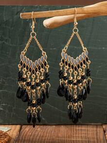 一对波西米亚风格复古 V 形耳环，带有油滴细节，由种子珠制成的泪珠流苏，适合节日狂欢期间的女士佩戴。 - 薄荷綠 - 查看 6