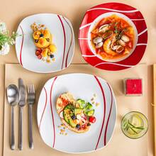 MALACASA 18 Pcs Porcelain Dinnerware Set, White Set, Squircle Plates With Red Corrugated Line And Red Border , Service For 6 Person, Dinner Plate, Dessert Plate And Soup Plate Set - White - View 6