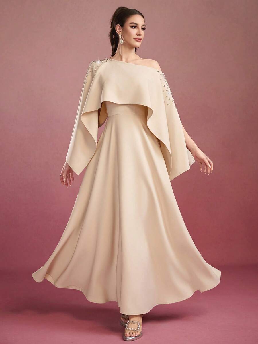 Vestido largo de unicolor con capa para mujer, vestido de gala elegante con hombros descubiertos y decoración de rhinestones, para eventos formales, fiestas, bodas, primavera y vacaciones - Albaricoque - Ver 1