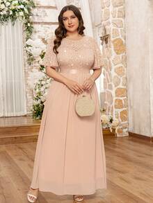 Vestido largo de fiesta de gasa con mangas de mariposa de encaje con lentejuelas, plisado en el bajo, para invitada de boda, cumpleaños, baile de graduación, cena, festivales - Champán - Ver 8