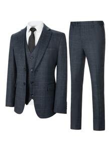 Traje de 3 piezas de hombre Furuyal: Blazer, chaleco y pantalones, corte slim, estampado a cuadros, para fiestas, bodas, negocios y ocasiones formales, tallas XS-3XL, color gris oscuro