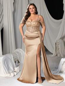Faeriesty Curve Plus Elegant Off-Shoulder Beaded Mermaid Gown With High Slit & Side Sash – Red Carpet, Galas, Weddings, Evening Soirees