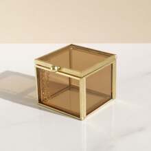 1pc Vintage Style Square Glass Jewelry Box With Golden Accents - Zipped Storage Case For Earrings, Rings, Bracelets And Necklaces. Retro Golden Transparent Glass Jewelry Box With Lid - Geometric Golden Jewelry Display And Storage Box, Home Decor Box, Suitable For Holding Accessories, Rings, Earrings, Girl/Woman Birthday Gift,For Holiday Beach, Bathroom Collection, Bedroom Collection, Large Capacity