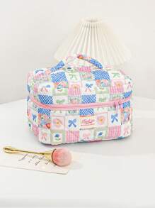 1 Piece Multi-Style Spliced Color Matching Cosmetic Bag With Bow Pattern, Girly Heart Design, Multifunctional Cosmetic Storage Bag,For Holiday Beach, Bathroom Collection, Bedroom Collection, Large Capacity