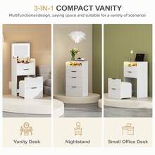 HNEBC Compact Vanity Desk With Plip Top LED Mirror,Small Dressing Table Set With Visible Glass Desktop,Vanity Table With 3 Drawers,Storage Compartment And Padded Stool,For Bedroom - White - View 5