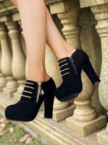 Spring Autumn New Black Thick Heel High Heel Shoes For Women, Suede Fabric Beaded Side Zipper Comfortable Office Heels