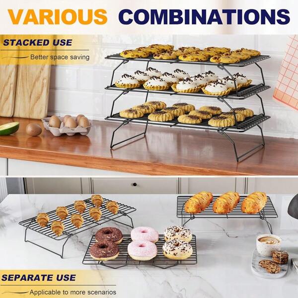 Rejilla de enfriamiento apilable en niveles para enfriar en lotes galletas, pizzas, pasteles - Rejillas de enfriamiento de uso intensivo aptas para cocina y horneado, seguras para horno y lavavajillas - Suministros de hornear de color negro