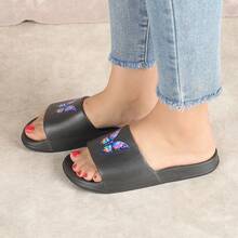 时尚女士塑料拖鞋，夏季柔软卡通可爱白色平底凉鞋，耐磨浴室淋浴人字拖 - 水晶蝶黑 - 查看 4