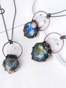 1pc Heart Flash Labradorite Antique Bronze Plated Pendant Necklace For Man Women Healing Rock Crystal Quartz Vintage Necklaces Jewelry H615 - Necklace - View 3