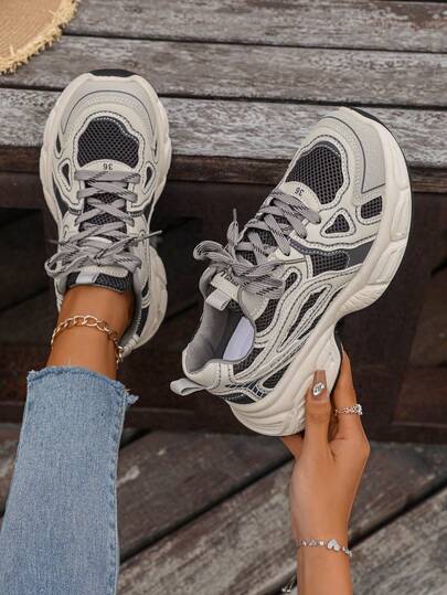 2025 Autumn 2024 Spring/Summer New Soft Leather Thick Sole Chunky Chunky Sneakers, Women Breathable Mesh Running Shoes, Casual Sports Shoes